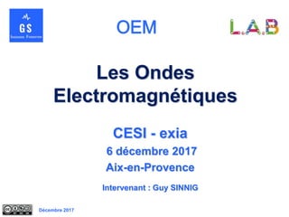 Décembre 2017
Les Ondes
Electromagnétiques
CESI - exia
6 décembre 2017
Aix-en-Provence
Intervenant : Guy SINNIG
 