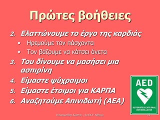 Πρώτες βοήθειες
2. Ελαττώνουμε το έργο της καρδιάς
• Ηρεμούμε τον πάσχοντα
• Τον βάζουμε να κάτσει άνετα
3. Του δίνουμε να μασήσει μια
ασπιρίνη
4. Είμαστε ψύχραιμοι
5. Είμαστε έτοιμοι για ΚΑΡΠΑ
6. Αναζητούμε Απινιδωτή (ΑΕΑ)
Παναγιωτίδης Κώστας - 4ο ΕΚ Γ' Αθήνας 23
 