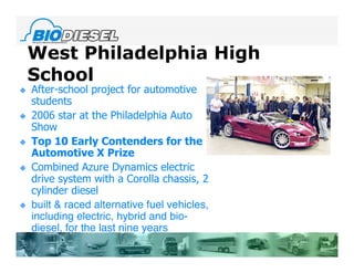 West Philadelphia High
    School
   After-school project for automotive
    students
   2006 star at the Philadelphia Auto
    Show
   Top 10 Early Contenders for the
    Automotive X Prize
   Combined Azure Dynamics electric
    drive system with a Corolla chassis, 2
    cylinder diesel
   built & raced alternative fuel vehicles,
    including electric, hybrid and bio-
    diesel, for the last nine years
 