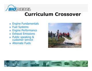 Curriculum Crossover
   Engine Fundamentals
   Fuel Systems
   Engine Performance
   Exhaust Emissions
   Public speaking &
    customer service
   Alternate Fuels
 