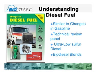 Understanding
  Diesel Fuel
   Similar to Changes
   in Gasoline
   Technical review
   panel
    Ultra-Low sulfur
   Diesel
   Biodiesel Blends
 