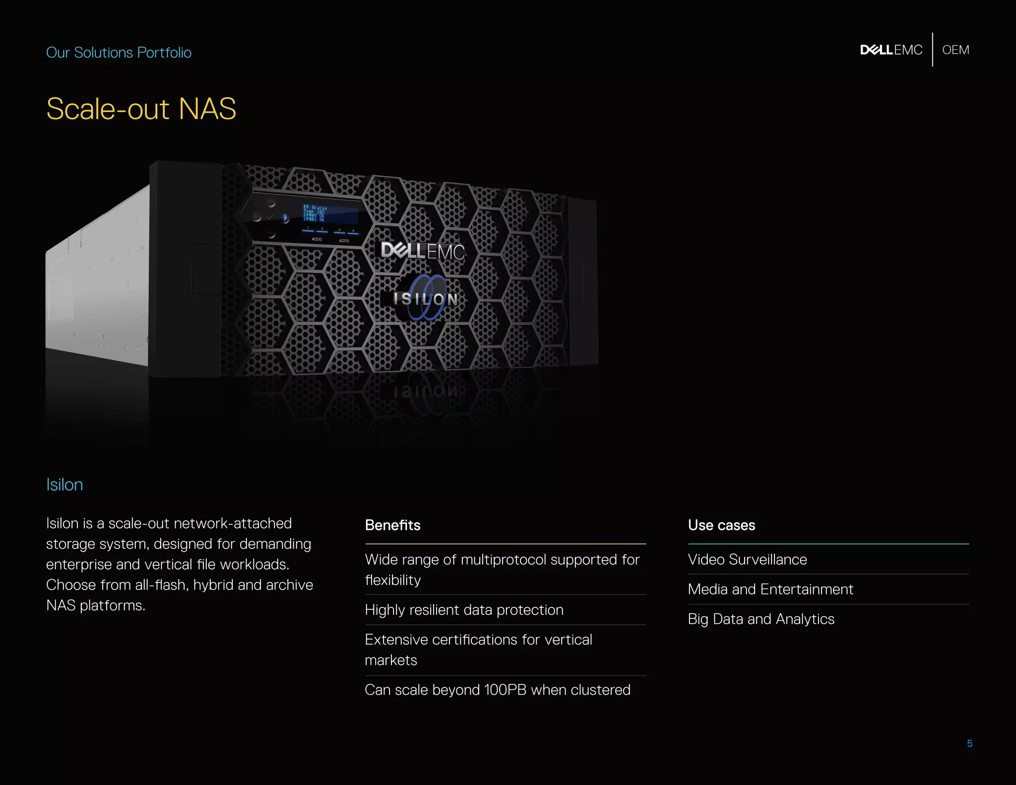 Scale-out NAS
Our Solutions Portfolio
Isilon
Isilon is a scale-out network-attached
storage system, designed for demanding
enterprise and vertical file workloads.
Choose from all-flash, hybrid and archive
NAS platforms.
5
Benefits
Wide range of multiprotocol supported for
flexibility
Highly resilient data protection
Extensive certifications for vertical
markets
Can scale beyond 100PB when clustered
Use cases
Video Surveillance
Media and Entertainment
Big Data and Analytics
 