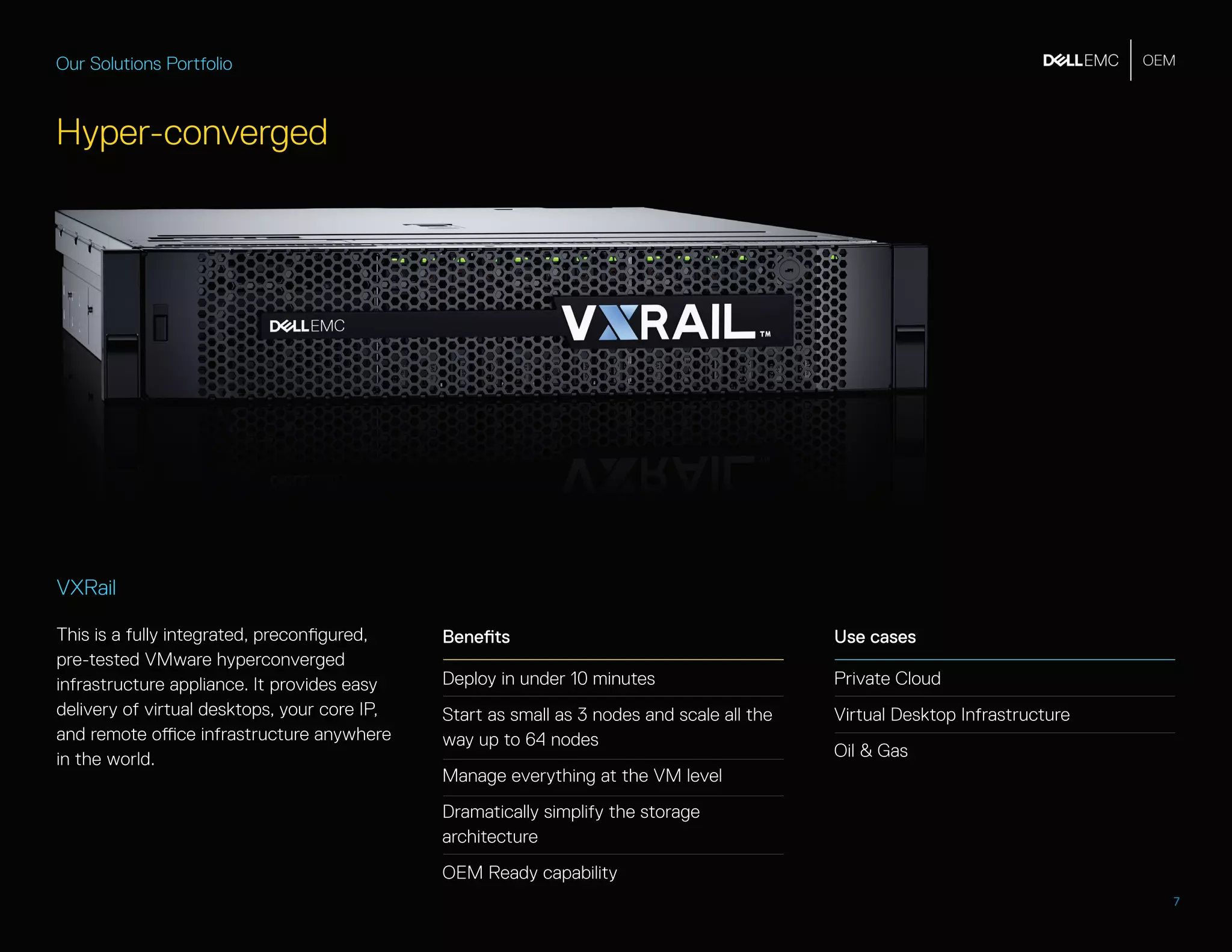 7
Our Solutions Portfolio
Hyper-converged
VXRail
This is a fully integrated, preconfigured,
pre-tested VMware hyperconverged
infrastructure appliance. It provides easy
delivery of virtual desktops, your core IP,
and remote office infrastructure anywhere
in the world.
Benefits
Deploy in under 10 minutes
Start as small as 3 nodes and scale all the
way up to 64 nodes
Manage everything at the VM level
Dramatically simplify the storage
architecture
OEM Ready capability
Use cases
Private Cloud
Virtual Desktop Infrastructure
Oil & Gas
 