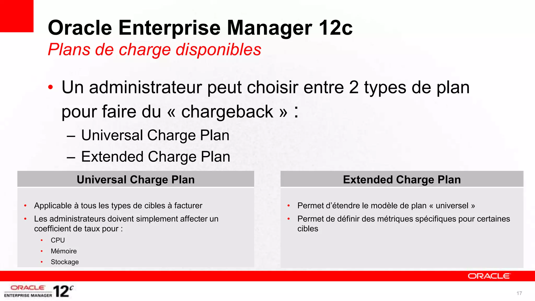 Oracle Enterprise Manager 12c
        Plans de charge disponibles

        • Un administrateur peut choisir entre 2 types de plan
          pour faire du « chargeback » :
              – Universal Charge Plan
              – Extended Charge Plan
               Universal Charge Plan                                  Extended Charge Plan

• Applicable à tous les types de cibles à facturer     • Permet d’étendre le modèle de plan « universel »
• Les administrateurs doivent simplement affecter un   • Permet de définir des métriques spécifiques pour certaines
  coefficient de taux pour :                             cibles
    •   CPU
    •   Mémoire
    •   Stockage



                                                                                                                      17
 