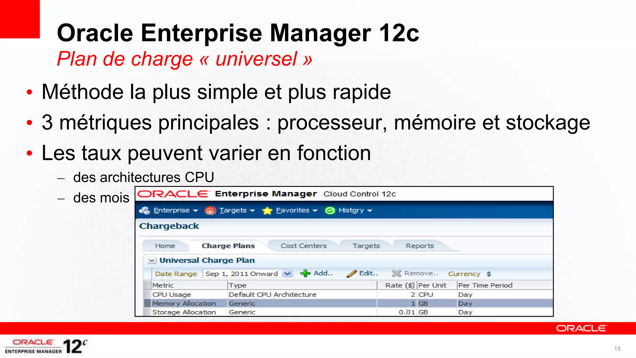 Oracle Enterprise Manager 12c
   Plan de charge « universel »
• Méthode la plus simple et plus rapide
• 3 métriques principales : processeur, mémoire et stockage
• Les taux peuvent varier en fonction
   – des architectures CPU
   – des mois




                                                              18
 