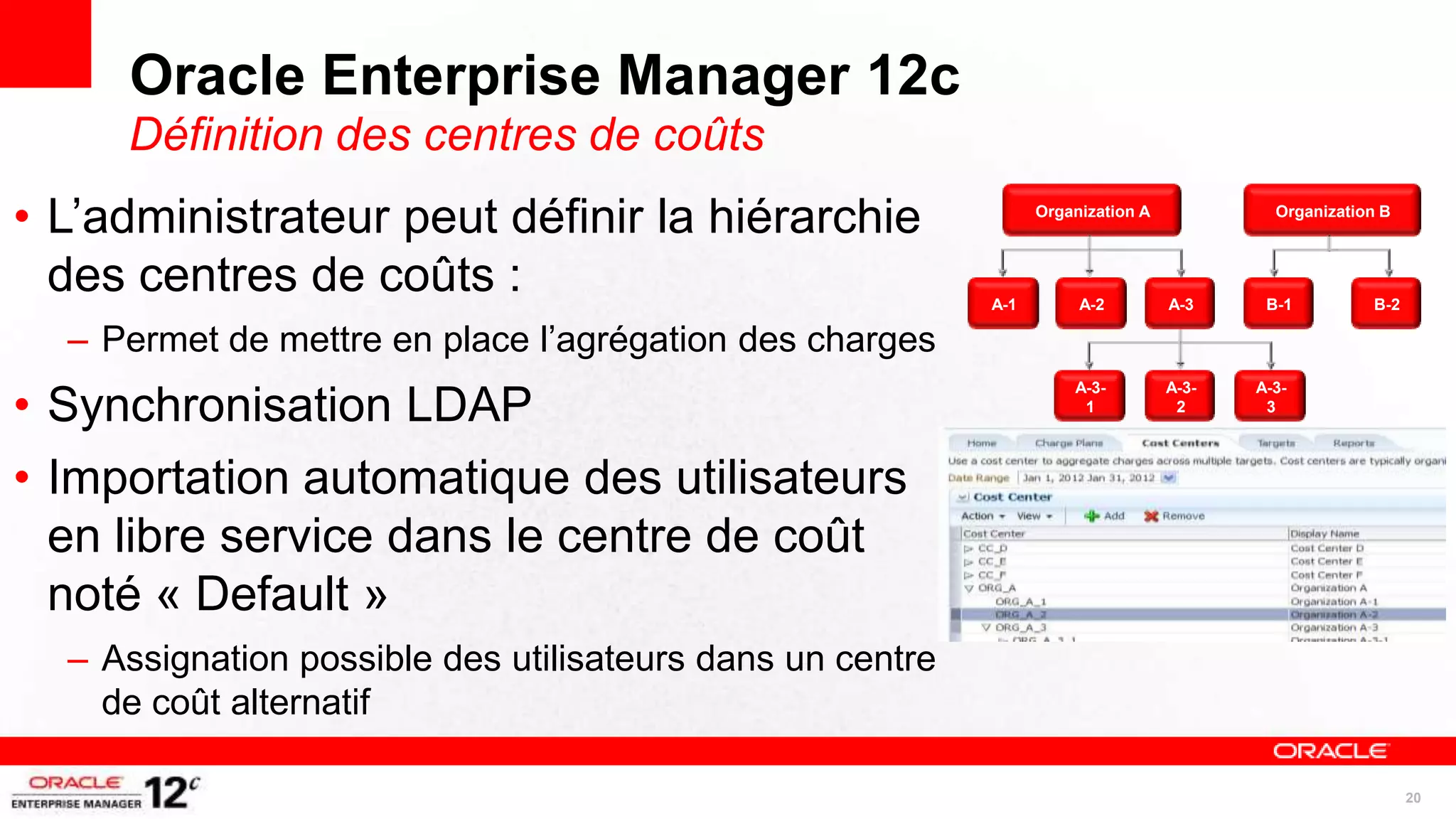 Oracle Enterprise Manager 12c
     Définition des centres de coûts
• L’administrateur peut définir la hiérarchie                    Organization A            Organization B



  des centres de coûts :                                   A-1        A-2         A-3     B-1         B-2

  – Permet de mettre en place l’agrégation des charges
• Synchronisation LDAP
                                                                     A-3-         A-3-   A-3-
                                                                      1            2      3



• Importation automatique des utilisateurs
  en libre service dans le centre de coût
  noté « Default »
  – Assignation possible des utilisateurs dans un centre
    de coût alternatif

                                                                                                            20
 