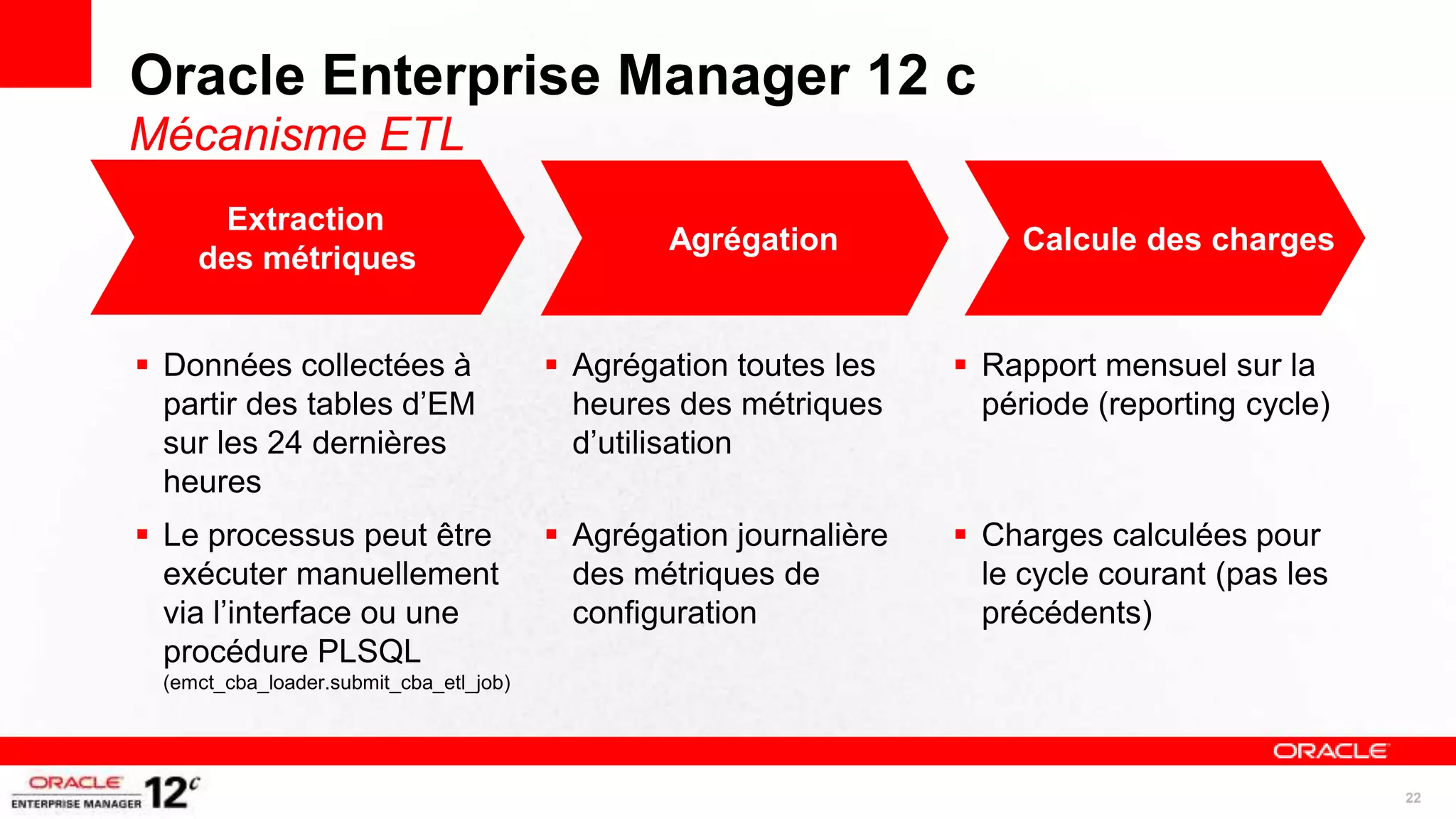 Oracle Enterprise Manager 12 c
Mécanisme ETL
     Extraction
                                                Agrégation             Calcule des charges
    des métriques


 Données collectées à                   Agrégation toutes les     Rapport mensuel sur la
  partir des tables d’EM                  heures des métriques       période (reporting cycle)
  sur les 24 dernières                    d’utilisation
  heures
 Le processus peut être                 Agrégation journalière    Charges calculées pour
  exécuter manuellement                   des métriques de           le cycle courant (pas les
  via l’interface ou une                  configuration              précédents)
  procédure PLSQL
 (emct_cba_loader.submit_cba_etl_job)




                                                                                                 22
 
