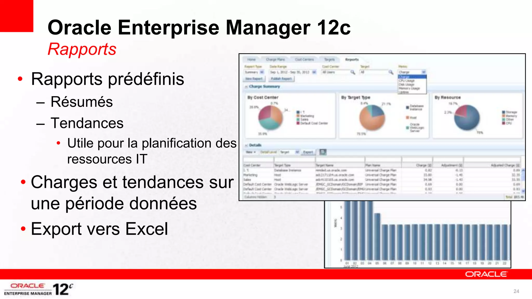Oracle Enterprise Manager 12c
   Rapports
• Rapports prédéfinis
  – Résumés
  – Tendances
    • Utile pour la planification des
      ressources IT
• Charges et tendances sur
  une période données
• Export vers Excel


                                        24
 