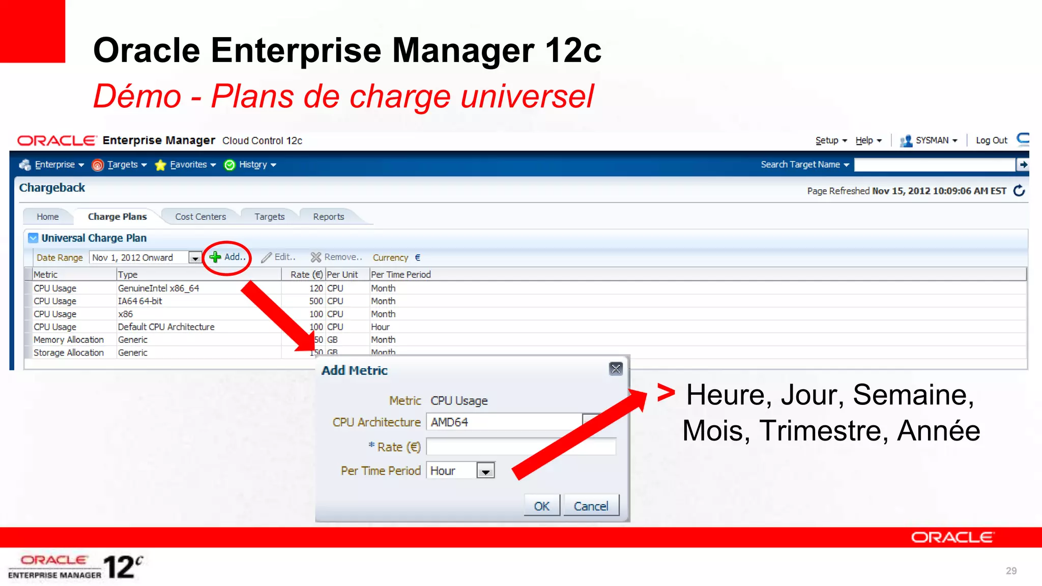 Oracle Enterprise Manager 12c
Démo - Plans de charge universel




                                   > Heure, Jour, Semaine,
                                    Mois, Trimestre, Année



                                                             29
 