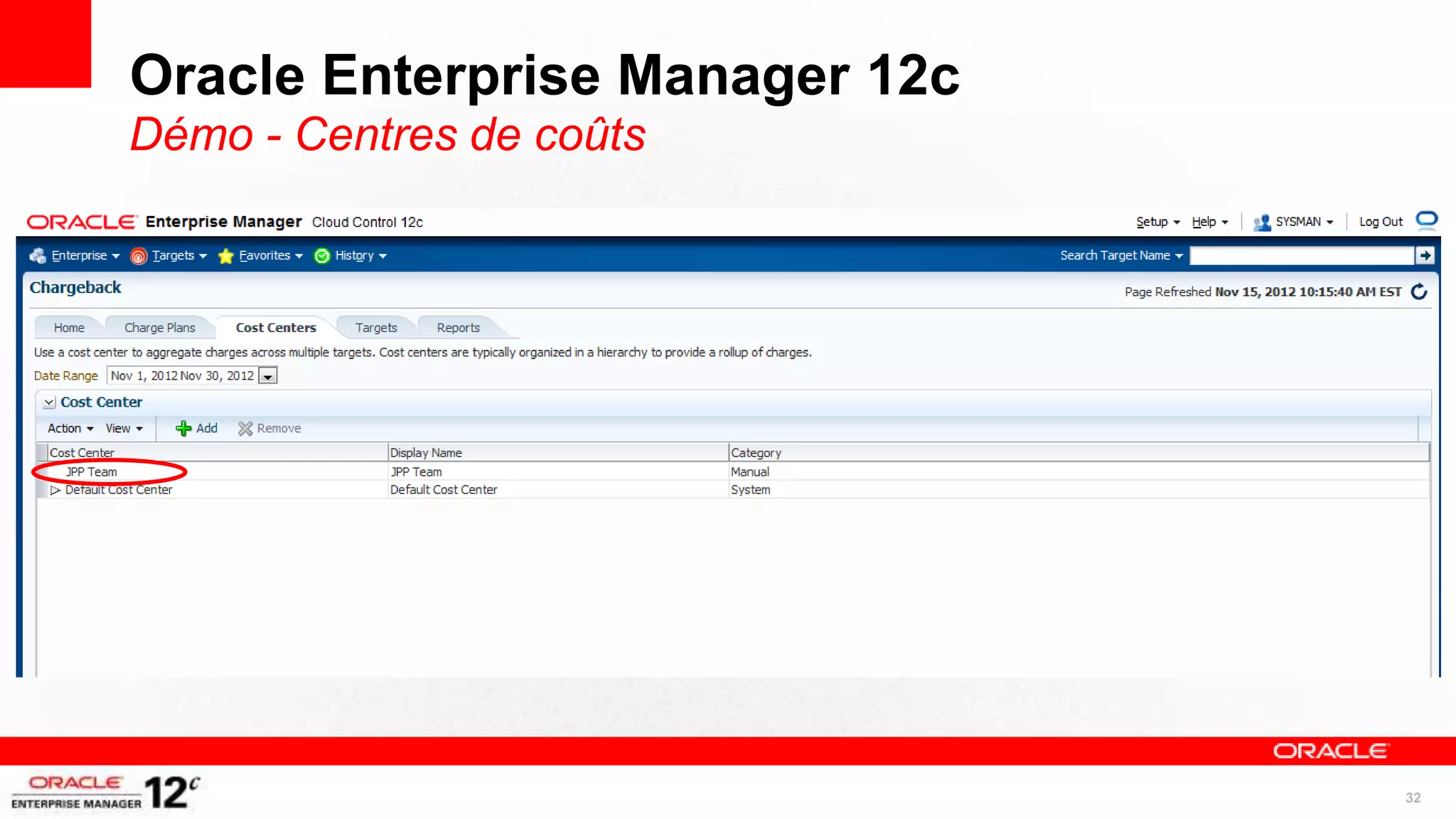 Oracle Enterprise Manager 12c
Démo - Centres de coûts




                                32
 
