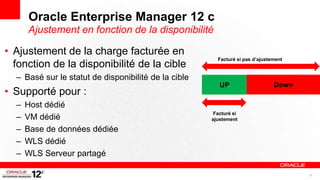 Oracle Enterprise Manager 12 c
      Ajustement en fonction de la disponibilité

• Ajustement de la charge facturée en
                                                        Facturé si pas d’ajustement
  fonction de la disponibilité de la cible
  – Basé sur le statut de disponibilité de la cible
                                                         UP                    Down
• Supporté pour :
  –   Host dédié
                                                       Facturé si
  –   VM dédié                                        ajustement

  –   Base de données dédiée
  –   WLS dédié
  –   WLS Serveur partagé

                                                                                      16
 