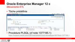 Oracle Enterprise Manager 12 c
Mécanisme ETL
• Tâche prédéfinie




• Procédure PLSQL (cf note 1377185.1)
 https://support.oracle.com/CSP/main/article?cmd=show&type=NOT&id=1377185.1


                                                                              23
 