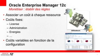Oracle Enterprise Manager 12c
      Monétiser : établir des règles       IT


• Associer un coût à chaque ressource
• Coûts fixes:
  –   License
  –   Administration
                                        Utilisateurs
  –   Energies
  –   …
• Coûts variables en fonction de la
  configuration

                                                       9
 