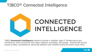 1
TIBCO® Connected Intelligence
© Copyright 2000-2018 TIBCO Software Inc.
TIBCO Connected Intelligence solutions provide a scalable, agile IT infrastructure and
architecture, that connects all your data, systems, processes, and people. Provide self-service
access to data, visualizations, advanced analytics and visibility across the entire value chain.
 