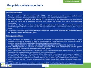 Rappel des points importants
Remarques générales
• Pour tous les items « Performance dans les AIVQ » : Il faut évaluer ce que la personne a effectivement
accompli durant les 3 derniers jours et non pas ce qu’elle aurait été capable d’accomplir.
• Pour tous les items « Capacités dans les AIVQ » : Il faut évaluer ce que la personne aurait été en mesure
de faire, pas ce qu’elle a réellement accompli. Vous devrez par moment vous fier à votre estimation
personnelle.
• Le codage 8 – Signifie que l’activité n’a pas été accomplie durant l’ensemble de la période ni par la
personne ni par un tiers, il ne peut pas être utilisé pour la capacité. La capacité est estimée, donc toujours
codée.
• Le codage 6 – Signifie que l’activité n’est pas accomplie par la personne, mais elle est totalement réalisée
par d’autres, durant les 3 derniers jours.
Remarques spécifiques
• Item « Préparation des repas » – Ex : si la personne est capable de préparer des céréales froides pour le petit
déjeuner - composer un sandwich et boire un café au déjeuner - faire des toasts pour le dîner sans aide, la
personne pourra obtenir un code indépendance dans la préparation des repas.
Dans la préparation d’un repas, il y a la notion de mélange de plusieurs ingrédients (au moins 2).
• Item « Ménage courant » – Ex : faire la vaisselle, épousseter, faire le lit, faire la lessive. Pas les grandes
tâches ménagères comme laver les vitres ou nettoyer le grenier.
• Item « Gestion des médicaments » – La personne ne doit pas forcément savoir les nommer ou en connaître
précisément les indications pour être considérée comme indépendante.
• Item « Usage du téléphone » – N’hésitez pas à faire téléphoner la personne pour bien évaluer sa capacité à le
faire ! Les codages 0, 1 et 2 signifient que la personne qui aide ne touche pas le téléphone. Une personne qui
ne peut que décrocher son téléphone doit être codée 5 : elle ne réalise que des tâches plus élémentaires
• Item « Faire les courses » – Dans la réalisation des courses on ne prend pas en compte le moyen de s’y
rendre.
NB : la grille AGIR doit toujours être utilisée pour évaluer le GIR, c’est l’outil d’éligibilité qui est opposable
Retour au
sommaire
 