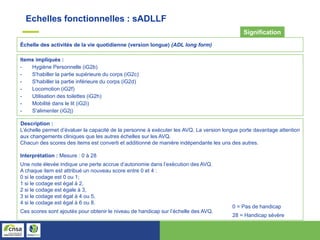Échelle des activités de la vie quotidienne (version longue) (ADL long form)
Signification
Items impliqués :
- Hygiène Personnelle (iG2b)
- S'habiller la partie supérieure du corps (iG2c)
- S'habiller la partie inférieure du corps (iG2d)
- Locomotion (iG2f)
- Utilisation des toilettes (iG2h)
- Mobilité dans le lit (iG2i)
- S'alimenter (iG2j)
Description :
L’échelle permet d’évaluer la capacité de la personne à exécuter les AVQ. La version longue porte davantage attention
aux changements cliniques que les autres échelles sur les AVQ.
Chacun des scores des items est converti et additionné de manière indépendante les uns des autres.
Interprétation : Mesure : 0 à 28
Une note élevée indique une perte accrue d’autonomie dans l’exécution des AVQ.
A chaque item est attribué un nouveau score entre 0 et 4 :
0 si le codage est 0 ou 1;
1 si le codage est égal à 2,
2 si le codage est égale à 3,
3 si le codage est égal à 4 ou 5,
4 si le codage est égal à 6 ou 8.
Ces scores sont ajoutés pour obtenir le niveau de handicap sur l’échelle des AVQ.
Echelles fonctionnelles : sADLLF
0 = Pas de handicap
28 = Handicap sévère
 