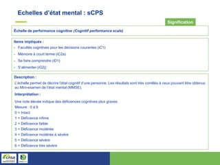Échelle de performance cognitive (Cognitif performance scale)
Signification
Items impliqués :
- Facultés cognitives pour les décisions courantes (iC1)
- Mémoire à court terme (iC2a)
- Se faire comprendre (iD1)
- S’alimenter (iG2j)
Description :
L’échelle permet de décrire l’état cognitif d’une personne. Les résultats sont très corrélés à ceux pouvant être obtenus
au Mini-examen de l’état mental (MMSE).
Interprétation :
Une note élevée indique des déficiences cognitives plus graves.
Mesure : 0 à 6
0 = Intact
1 = Déficience infime
2 = Déficience faible
3 = Déficience modérée
4 = Déficience modérée à sévère
5 = Déficience sévère
6 = Déficience très sévère
Echelles d’état mental : sCPS
 
