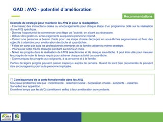 Exemple de stratégie pour maintenir les AVQ et pour la réadaptation.
- Fournissez des instructions orales ou encouragements pour chaque étape d’un programme ciblé sur la réalisation
d’une AVQ spécifique.
- Donnez l’opportunité de commencer une étape de l’activité, en aidant au nécessaire.
- Utilisez des gestes ou encouragements auxquels la personne répond.
- Quand une personne a besoin d’aide pour une étape choisie découpez en sous-tâches segmentaires et fixez des
objectifs à atteindre pour amélioration des tâche et sous-tâches.
- Faites en sorte que tous les professionnels membres de la famille utilisent la même stratégie.
- Poursuivez cette même stratégie pendant au moins un mois.
- Notez les progrès dans la réalisation de l’AVQ sélectionnée et de chaque sous-tâche. Il peut être utile pour mesurer
les progrès de noter le temps requis pour achever chaque activité ou sous-tâche.
- Communiquez les progrès aux soignants, à la personne et à la famille.
Parfois de légers progrès peuvent passer inaperçus auprès de certains. Quand ils sont bien documentés ils peuvent
être encourageants pour toute personne impliquée.
⎕ Conséquences de la perte fonctionnelle dans les AVQ.
Nouveaux problèmes tels que : incontinence - isolement social - dépression, chutes - accidents – escarres.
Surveillez leur apparition.
En même temps que les AVQ s’améliorent veillez à leur amélioration concomitante.
GAD : AVQ - potentiel d’amélioration
Recommandations
 