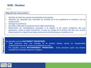 GAD : Douleur
• Identifier et traiter les causes sous-jacentes de la douleur.
• Optimiser les capacités pour accomplir les activités de la vie quotidienne et maintenir une vie
sociale active.
• Soulager la souffrance.
• Surveiller l’efficacité du traitement et les effets secondaires.
• Reconnaître les manifestations associées à la douleur et les autres problèmes tels que
dépression, retrait et déclin fonctionnel. La prise en charge de la douleur doit être vue, comme
faisant partie d’un objectif plus large promouvant activité physique et qualité de vie.
Objectifs des interventions
Est signalée comme HAUTEMENT PRIORITAIRE :
• Toute personne avec une intensité de la douleur sévère, atroce ou insupportable
(indépendamment de la survenue quotidienne ou non).
• Est signalée comme MOYENNEMENT PRIORITAIRE : Toute personne ayant une douleur
quotidienne d’intensité moyenne ou légère.
Signaux
d’alarme
 