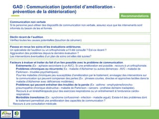 Communication non verbale
Si la personne peut utiliser des dispositifs de communication non verbale, assurez vous que les intervenants sont
informés du besoin de les et formés
Déclin récent de l’audition
Vérifiez toutes les causes potentielles (bouchon de cérumen)
Passez en revue les soins et les évaluations antérieures.
Un spécialiste de l’audition ou un orthophoniste a t’il été consulté ? Est-ce récent ?
Aggravation des problèmes depuis la dernière évaluation ?
Les interventions éventuelles d’un plan de soins ont elles été suivies?
Facteurs à évaluer et traiter du fait d’un lien possible avec le problème de communication.
- Evénements (Ex : aphasie secondaire à un AVC). Si une amélioration est possible : recours à un orthophoniste.
- Problèmes chroniques ou récurrents( Ex : maladie d’Alzheimer ou autres démences - AVC - maladie de
Parkinson - troubles psychiatriques).
Pour les maladies chroniques peu susceptibles d’amélioration par le traitement, envisagez des interventions sur
la communication qui peuvent compenser des pertes (Ex : phrases courtes, directes et approches tactiles dans la
maladie d’Alzheimer avec déficiences modérées).
- Problèmes qui peuvent entraîner des troubles de la parole (Ex : asthme - emphysème/broncho-
pneumopathie chronique obstructive - maladie de Parkinson - cancers - prothèse dentaire inadaptée).
Recours à un kinésithérapeute pour des exercices respiratoires ou un entraînement à l’endurance cardio-
respiratoire.
- Morbidités transitoires (Ex : syndrome confusionnel - infection - maladie aiguë). Existe-t-il des problèmes dont
le traitement permettrait une amélioration des capacités de communication ?
Recours à une consultation médicale.
GAD : Communication (potentiel d’amélioration -
prévention de la détérioration)
Recommandations
 