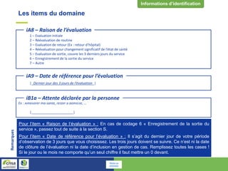 Les items du domaine
1 – Evaluation initiale
2 – Réévaluation de routine
3 – Evaluation de retour (Ex : retour d’hôpital)
4 – Réévaluation pour changement significatif de l’état de santé
5 – Evaluation de sortie, couvre les 3 derniers jours du service
6 – Enregistrement de la sortie du service
7 – Autre
iA8 – Raison de l’évaluation
|_Dernier jour des 3 jours de l’évaluation_|
iA9 – Date de référence pour l’évaluation
Ex : Améliorer ma santé, rester à domicile, …
|______________________|
iB1a – Attente déclarée par la personne
Pour l’item « Raison de l’évaluation » : En cas de codage 6 « Enregistrement de la sortie du
service », passez tout de suite à la section S.
Pour l’item « Date de référence pour l’évaluation » : Il s’agit du dernier jour de votre période
d’observation de 3 jours que vous choisissez. Les trois jours doivent se suivre. Ce n’est ni la date
de clôture de l’évaluation ni la date d’inclusion en gestion de cas. Remplissez toutes les cases !
Si le jour ou le mois ne comporte qu’un seul chiffre il faut mettre un 0 devant.
Remarques
Retour au
sommaire
 