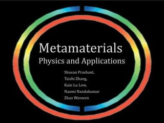 Metamaterials
Physics and Applications
Shuvan Prashant,
Taishi Zhang,
Kain Lu Low,
Naomi Nandakumar
Zhao Wenwen
 