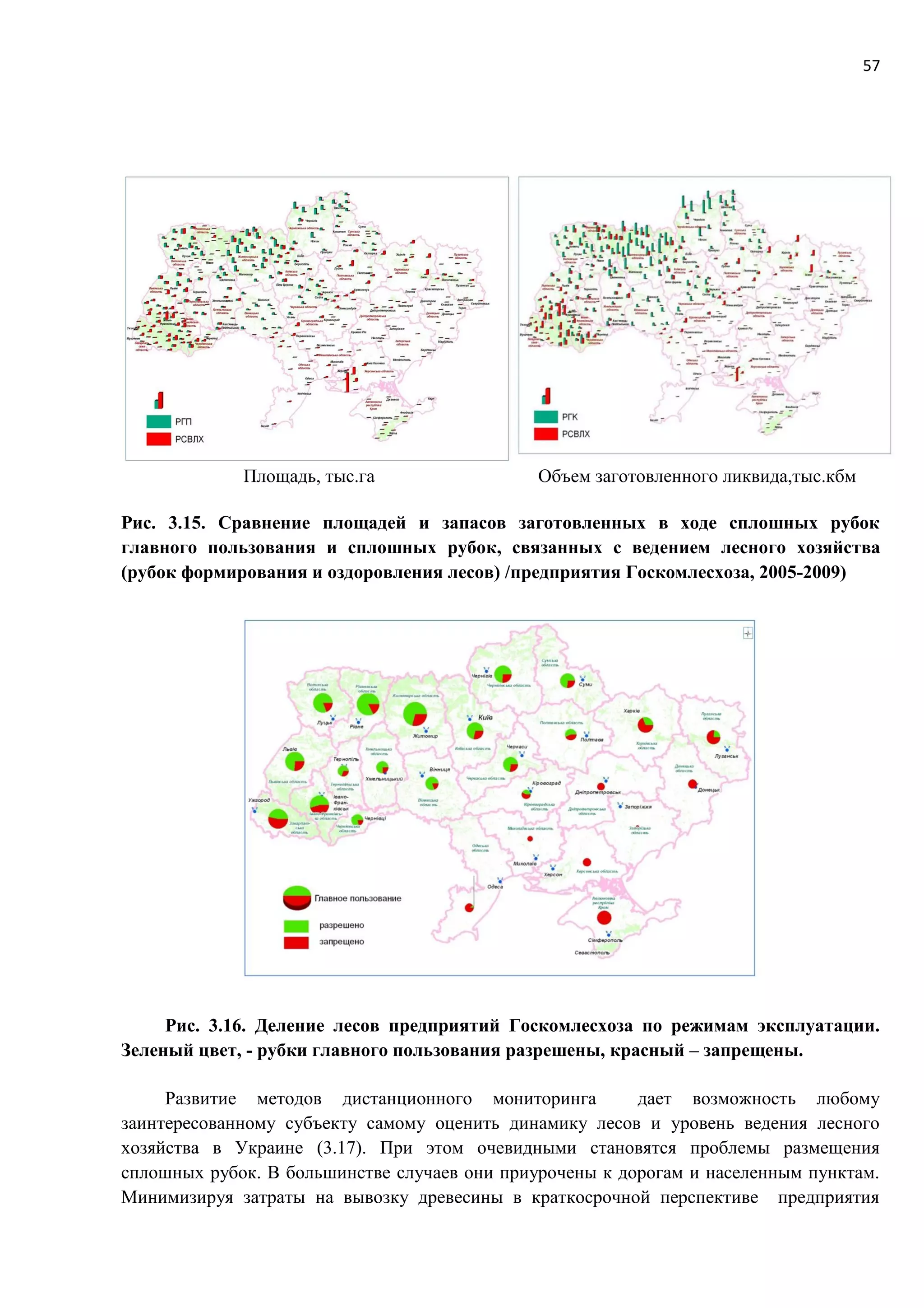 57
Площадь, тыс.га Объем заготовленного ликвида,тыс.кбм
Рис. 3.15. Сравнение площадей и запасов заготовленных в ходе сплошных рубок
главного пользования и сплошных рубок, связанных с ведением лесного хозяйства
(рубок формирования и оздоровления лесов) /предприятия Госкомлесхоза, 2005-2009)
Рис. 3.16. Деление лесов предприятий Госкомлесхоза по режимам эксплуатации.
Зеленый цвет, - рубки главного пользования разрешены, красный – запрещены.
Развитие методов дистанционного мониторинга дает возможность любому
заинтересованному субъекту самому оценить динамику лесов и уровень ведения лесного
хозяйства в Украине (3.17). При этом очевидными становятся проблемы размещения
сплошных рубок. В большинстве случаев они приурочены к дорогам и населенным пунктам.
Минимизируя затраты на вывозку древесины в краткосрочной перспективе предприятия
 