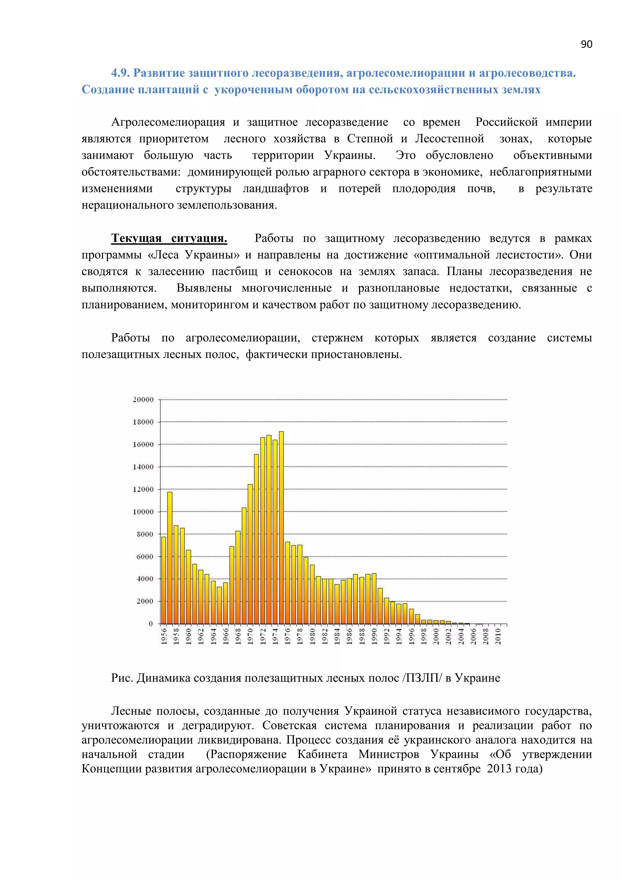 90
4.9. Развитие защитного лесоразведения, агролесомелиорации и агролесоводства.
Создание плантаций с укороченным оборотом на сельскохозяйственных землях
Агролесомелиорация и защитное лесоразведение со времен Российской империи
являются приоритетом лесного хозяйства в Степной и Лесостепной зонах, которые
занимают большую часть территории Украины. Это обусловлено объективными
обстоятельствами: доминирующей ролью аграрного сектора в экономике, неблагоприятными
изменениями структуры ландшафтов и потерей плодородия почв, в результате
нерационального землепользования.
Текущая ситуация. Работы по защитному лесоразведению ведутся в рамках
программы «Леса Украины» и направлены на достижение «оптимальной лесистости». Они
сводятся к залесению пастбищ и сенокосов на землях запаса. Планы лесоразведения не
выполняются. Выявлены многочисленные и разноплановые недостатки, связанные с
планированием, мониторингом и качеством работ по защитному лесоразведению.
Работы по агролесомелиорации, стержнем которых является создание системы
полезащитных лесных полос, фактически приостановлены.
Рис. Динамика создания полезащитных лесных полос /ПЗЛП/ в Украине
Лесные полосы, созданные до получения Украиной статуса независимого государства,
уничтожаются и деградируют. Советская система планирования и реализации работ по
агролесомелиорации ликвидирована. Процесс создания её украинского аналога находится на
начальной стадии (Распоряжение Кабинета Министров Украины «Об утверждении
Концепции развития агролесомелиорации в Украине» принято в сентябре 2013 года)
 