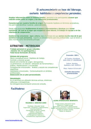 Ampliar información sobre la historia familiar, permitirá a los participantes conocer que
relación existe entre su origen y las elecciones profesionales.
Conectarnos con nuestra familia de origen formulando hipótesis en términos apreciativos,
nos permitirá identificar nuestras potencialidades.
Desde esta propuesta facilitaremos el acceso a herramientas y técnicas para tomar
conciencia de cual es el lugar que ocupamos como líderes; el trabajo en equipo o en las
relaciones de cooperación.
Gestionar las emociones aquí y ahora, bajo el principio de que somos mucho mas de lo que
sentimos o lo que pensamos, supone un entrenamiento para los profesionales que se tienen a
ellos mismos como herramienta principal.
El autoconocimiento es base del liderazgo,
sustenta habilidades y competencias personales.
ESTRUCTURA - METODOLOGIA
Facilitadores
www.hzconsultoria.org
Trabajo personal en grupo reducido;
máximo 10 /12 participantes.)
Total horas formación 25 horas.
Síntesis del programa
Marco conceptual previo: Hipótesis de trabajo.
Contrato y proceso grupal.
Estudio de la familia de origen. Genogramas.
La pertenencia y la relación: Utilización de herramientas y
análisis. Hipotezización y circularidad.
Competencias emocionales: Análisis y estudio de competencias
específicas.
Habilidades emocionales. Contextualización en ámbitos
profesionales.
Elaboración de un plan personalizado.
Metodología:
En el seminario se utilizarán técnicas activas, dinámicas
reflexivas e introspectivas.
Se entregará documentación previa de consulta.
Inversión: 300 €
Nº Cuenta: Kutxabank
2095 5202 27 1062085690
Indicar: Nombre,
Apellidos y Ref. OEMO14
Plazo: Hasta el 30 de abril
Consulta descuentos
promocionales
LAURA IPARRAGIRRE BENPOSTA
Trabajo Social y Educación Social.
Experta en Trabajo grupal.
Supervisión, orientación y asesoramiento.
Diseño, acompañamiento y Dirección de grupos.
Terapia de pareja y familia.
Master en Adopción
RICARDO J. SÁNCHEZ CANO
Psicólogo y Educador Social
Supervisión, orientación y asesoramiento.
Coaching Sistémico
Psicoterapia de familia y pareja.
Análisis y Desarrollo
organizacional Sistémico.
CI Management Sistémico y
Constelaciones organizacionales.
 