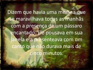 Dizem que havia uma menina que
se maravilhava todas as manhãs
com a presença de um pássaro
encantado. Ele pousava em sua
janela e a presenteava com um
canto que não durava mais de
cinco minutos.

 