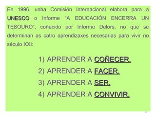 En 1996, unha Comisión Internacional elabora para a
UNESCO o Informe “A EDUCACIÓN ENCERRA UN
TESOURO”, coñecido por Informe Delors, no que se
determinan as catro aprendizaxes necesarias para vivir no
século XXI:


              1) APRENDER A COÑECER.
              2) APRENDER A FACER.
              3) APRENDER A SER.
              4) APRENDER A CONVIVIR.

                                                       2
 