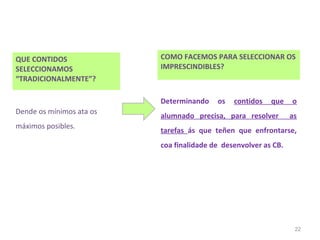 QUE CONTIDOS              COMO FACEMOS PARA SELECCIONAR OS
SELECCIONAMOS             IMPRESCINDIBLES?
“TRADICIONALMENTE”?

                          Determinando    os   contidos   que    o
Dende os mínimos ata os
                          alumnado precisa, para resolver        as
máximos posibles.
                          tarefas ás que teñen que enfrontarse,
                          coa finalidade de desenvolver as CB.




                                                                  22
 