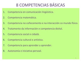 8 COMPETENCIAS BÁSICAS
1. Competencia en comunicación lingüística.

2. Competencia matemática.

3. Competencia no coñecemento e na interacción co mundo físico.

4. Tratamento da información e competencia dixital.

5. Competencia social e cidadá.

6. Competencia cultural e artística.

7. Competencia para aprender a aprender.

8. Autonomía e iniciativa persoal.

                                                            7
 