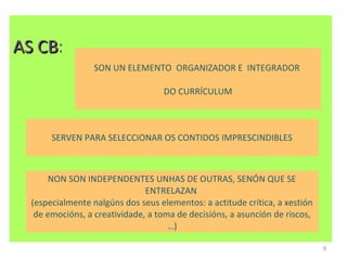 AS CB:
   CB
                  SON UN ELEMENTO ORGANIZADOR E INTEGRADOR

                                   DO CURRÍCULUM



       SERVEN PARA SELECCIONAR OS CONTIDOS IMPRESCINDIBLES



       NON SON INDEPENDENTES UNHAS DE OUTRAS, SENÓN QUE SE
                               ENTRELAZAN
  (especialmente nalgúns dos seus elementos: a actitude crítica, a xestión
   de emocións, a creatividade, a toma de decisións, a asunción de riscos,
                                     …)

                                                                             9
 