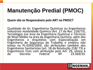 Manutenção Predial (PMOC)
Quem são os Responsáveis pela ART no PMOC?
Qualidade do Ar: Engenheiros Químicos ou Engenheiros
Industriais modalidade Química (Art. 17 da Res. 218/73),
Tecnólogos (na área da Engenharia Química) e Técnicos
de Nível Médio na área da engenharia Química, além dos
Engenheiros e Arquitetos com Especialização em
Engenharia de Segurança do Trabalho e embora não
esteja na PL-0293/2003, são atribuições também dos
Engenheiros Sanitaristas (art. 18 da Resolução 218/ 73) e
Engenheiros Civis com atribuição pelo Art. 29, alinea b
do Decreto Federal Nº 23.569/33.
 