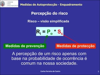 5
Percepção do risco
A percepção de um risco apenas com
base na probabilidade de ocorrência é
comum na nossa sociedade.
Risco – visão simplificada
Ri = Po * Sc
Medidas de prevenção Medidas de protecção
Carlos Ferreira de Castro
Medidas de Autoprotecção - Enquadramento
 