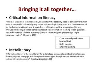 Bringing*it*all*together…*
•  CriQcal'informaQon'literacy'
'“In'order'to'address'these'concerns,'librarians'in'the'academy'need'to'deﬁne'informaQon'
itself'as'the'product'of'socially'negoQated'epistemological'processes'and'the'raw'material'
for'the'further'making'of'new'knowledge.'…'UlQmately,'criQcal'informaQon'literacy'
involves'developing'a'criQcal'consciousness'about'informaQon,'learning'to'ask'quesQons'
about'the'library’s'(and'the'academy’s)'role'in'structuring'and'presenQng'a'single,'
knowable'reality.”'(Elmborg,'198)'
'
'
'
•  Metaliteracy'
“InformaQon'literacy'is'the'metaliteracy'for'a'digital'age'because'ot'provides'the'higher'order'
thinking'required'to'engage'with'mulQple'document'types'through'various'media'formats'in'
collaboraQve'environments”''(Mackey'&'Jacobson,'70)'
•  CreaQon'and'producQon'
beyond'text'
•  Skills'transfer'
•  Lifelong'learning'
 