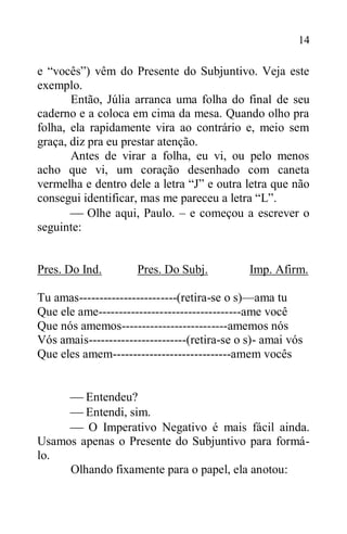 14
e “vocês”) vêm do Presente do Subjuntivo. Veja este
exemplo.
Então, Júlia arranca uma folha do final de seu
caderno e a coloca em cima da mesa. Quando olho pra
folha, ela rapidamente vira ao contrário e, meio sem
graça, diz pra eu prestar atenção.
Antes de virar a folha, eu vi, ou pelo menos
acho que vi, um coração desenhado com caneta
vermelha e dentro dele a letra “J” e outra letra que não
consegui identificar, mas me pareceu a letra “L”.
  Olhe aqui, Paulo. – e começou a escrever o
seguinte:
Pres. Do Ind. Pres. Do Subj. Imp. Afirm.
Tu amas------------------------(retira-se o s)—ama tu
Que ele ame-----------------------------------ame você
Que nós amemos--------------------------amemos nós
Vós amais------------------------(retira-se o s)- amai vós
Que eles amem-----------------------------amem vocês
 Entendeu?
 Entendi, sim.
  O Imperativo Negativo é mais fácil ainda.
Usamos apenas o Presente do Subjuntivo para formá-
lo.
Olhando fixamente para o papel, ela anotou:
 