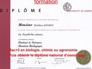 formation Bac+3 en biologie, chimie ou agronomie Puis obtenir le diplôme national d’oenologue 