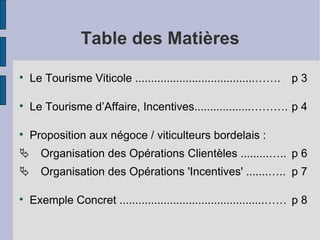 Table des Matières Le Tourisme Viticole ......................................……. p 3 Le Tourisme d’Affaire, Incentives..................………. p 4 Proposition aux négoce / viticulteurs bordelais :  Organisation des Opérations Clientèles .........….. p 6  Organisation des Opérations 'Incentives' .......….. p 7 Exemple Concret ..............................................…… p 8 
