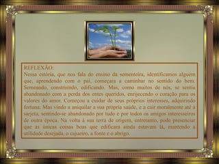 REFLEXÃO:
Nessa estória, que nos fala do ensino da sementeira, identificamos alguém
que, aprendendo com o pai, começara a caminhar no sentido do bem.
Semeando, construindo, edificando. Mas, como muitos de nós, se sentiu
abandonado com a perda dos entes queridos, enrijecendo o coração para os
valores do amor. Começou a cuidar de seus próprios interesses, adquirindo
fortuna. Mas vindo a aniquilar a sua própria saúde, e a cair moralmente até à
sarjeta, sentindo-se abandonado por tudo e por todos os amigos interesseiros
de outra época. Na volta à sua terra de origem, entretanto, pode presenciar
que as únicas coisas boas que edificara ainda estavam lá, mantendo a
utilidade desejada, o cajueiro, a fonte e o abrigo.
 