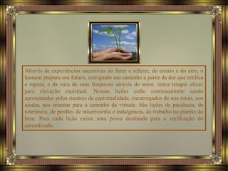 Através de experiências sucessivas do fazer e refazer, do ensaio e do erro, o
homem prepara seu futuro, corrigindo seu caminho a partir da dor que retifica
e repara, e da cura de suas fraquezas através do amor, única terapia eficaz
para elevação espiritual. Nossas lições estão continuamente sendo
apresentadas pelos mestres da espiritualidade, encarregados de nos intuir, nos
ajudar, nos orientar para o caminho da virtude. São lições de paciência, de
tolerância, de perdão, de misericórdia e indulgência, de trabalho no plantio do
bem. Para cada lição existe uma prova destinada para a verificação do
aprendizado.
 