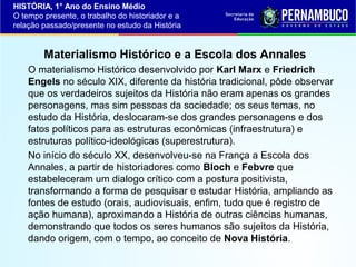 HISTÓRIA, 1° Ano do Ensino Médio
O tempo presente, o trabalho do historiador e a
relação passado/presente no estudo da História

Materialismo Histórico e a Escola dos Annales
O materialismo Histórico desenvolvido por Karl Marx e Friedrich
Engels no século XIX, diferente da história tradicional, pôde observar
que os verdadeiros sujeitos da História não eram apenas os grandes
personagens, mas sim pessoas da sociedade; os seus temas, no
estudo da História, deslocaram-se dos grandes personagens e dos
fatos políticos para as estruturas econômicas (infraestrutura) e
estruturas político-ideológicas (superestrutura).
No início do século XX, desenvolveu-se na França a Escola dos
Annales, a partir de historiadores como Bloch e Febvre que
estabeleceram um dialogo crítico com a postura positivista,
transformando a forma de pesquisar e estudar História, ampliando as
fontes de estudo (orais, audiovisuais, enfim, tudo que é registro de
ação humana), aproximando a História de outras ciências humanas,
demonstrando que todos os seres humanos são sujeitos da História,
dando origem, com o tempo, ao conceito de Nova História.

 