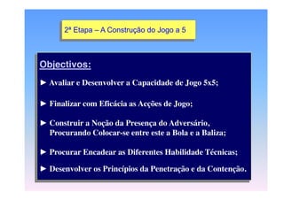 2ª Etapa – A Construção do Jogo a 5

Objectivos:
► Avaliar e Desenvolver a Capacidade de Jogo 5x5;

► Finalizar com Eficácia as Acções de Jogo;
► Construir a Noção da Presença do Adversário,
Procurando Colocar-se entre este a Bola e a Baliza;
► Procurar Encadear as Diferentes Habilidade Técnicas;
► Desenvolver os Princípios da Penetração e da Contenção.

 