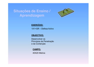 Situações de Ensino /
Aprendizagem
EXERCÍCIO:
1X1+GR – Defesa Activo
OBJECTIVO:
Desenvolver os
Princípios da Penetração
e da Contenção
CAMPO:
40X20 Metros

 