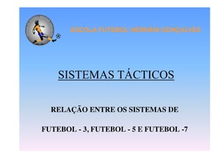 ESCOLA FUTEBOL HERNÂNI GONÇALVES

SISTEMAS TÁCTICOS
RELAÇÃO ENTRE OS SISTEMAS DE
FUTEBOL - 3, FUTEBOL - 5 E FUTEBOL -7

 