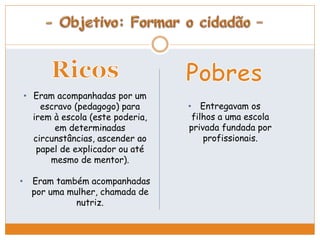 • Eram acompanhadas por um 
escravo (pedagogo) para 
irem à escola (este poderia, 
em determinadas 
circunstâncias, ascender ao 
papel de explicador ou até 
mesmo de mentor). 
• Eram também acompanhadas 
por uma mulher, chamada de 
nutriz. 
• Entregavam os 
filhos a uma escola 
privada fundada por 
profissionais. 
 