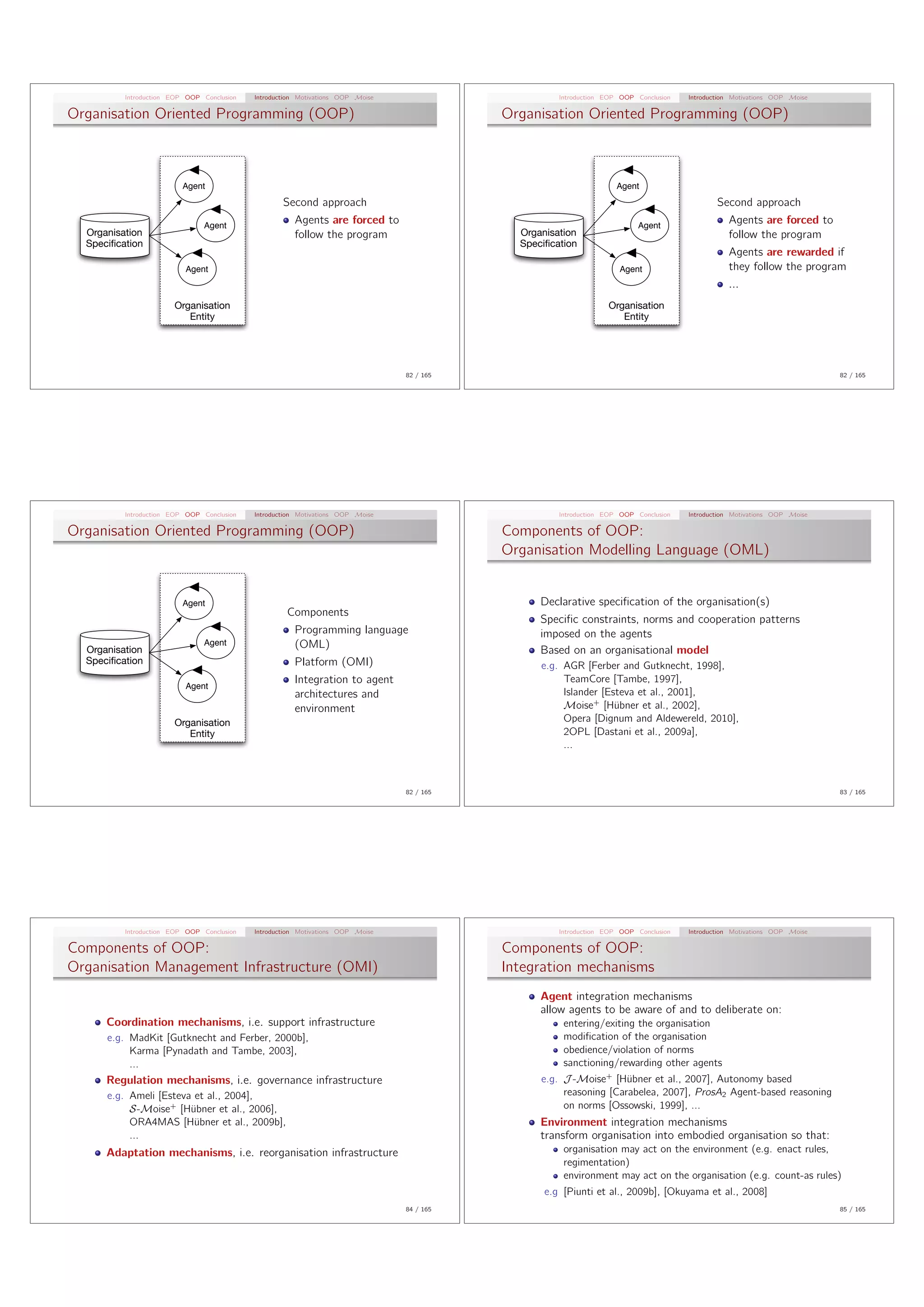 Introduction EOP OOP Conclusion   Introduction Motivations OOP Moise                        Introduction EOP OOP Conclusion   Introduction Motivations OOP Moise

Organisation Oriented Programming (OOP)                                                     Organisation Oriented Programming (OOP)



                          Agent                                                                                       Agent
                                                    Second approach                                                                             Second approach
                               Agent
                                                       Agents are forced to                                                Agent
                                                                                                                                                   Agents are forced to
  Organisation                                         follow the program                     Organisation                                         follow the program
  Speciﬁcation                                                                                Speciﬁcation
                                                                                                                                                   Agents are rewarded if
                          Agent                                                                                       Agent                        they follow the program
                                                                                                                                                   ...
                       Organisation                                                                                Organisation
                          Entity                                                                                      Entity




                                                                                 82 / 165                                                                                    82 / 165




          Introduction EOP OOP Conclusion   Introduction Motivations OOP Moise                        Introduction EOP OOP Conclusion   Introduction Motivations OOP Moise

Organisation Oriented Programming (OOP)                                                     Components of OOP:
                                                                                            Organisation Modelling Language (OML)


                          Agent                                                                   Declarative speciﬁcation of the organisation(s)
                                                     Components
                                                                                                  Speciﬁc constraints, norms and cooperation patterns
                                                       Programming language                       imposed on the agents
                               Agent                   (OML)
  Organisation                                                                                    Based on an organisational model
  Speciﬁcation                                         Platform (OMI)                             e.g. AGR [Ferber and Gutknecht, 1998],
                                                       Integration to agent                            TeamCore [Tambe, 1997],
                          Agent
                                                       architectures and                               Islander [Esteva et al., 2001],
                                                       environment                                     Moise+ [H¨bner et al., 2002],
                                                                                                                   u
                       Organisation                                                                    Opera [Dignum and Aldewereld, 2010],
                          Entity                                                                       2OPL [Dastani et al., 2009a],
                                                                                                       ...



                                                                                 82 / 165                                                                                    83 / 165




          Introduction EOP OOP Conclusion   Introduction Motivations OOP Moise                        Introduction EOP OOP Conclusion   Introduction Motivations OOP Moise

Components of OOP:                                                                          Components of OOP:
Organisation Management Infrastructure (OMI)                                                Integration mechanisms
                                                                                                  Agent integration mechanisms
                                                                                                  allow agents to be aware of and to deliberate on:
      Coordination mechanisms, i.e. support infrastructure                                             entering/exiting the organisation
      e.g. MadKit [Gutknecht and Ferber, 2000b],                                                       modiﬁcation of the organisation
           Karma [Pynadath and Tambe, 2003],                                                           obedience/violation of norms
           ...                                                                                         sanctioning/rewarding other agents
      Regulation mechanisms, i.e. governance infrastructure                                       e.g. J -Moise+ [H¨bner et al., 2007], Autonomy based
                                                                                                                     u
      e.g. Ameli [Esteva et al., 2004],                                                                reasoning [Carabelea, 2007], ProsA2 Agent-based reasoning
           S-Moise+ [H¨bner et al., 2006],
                        u                                                                              on norms [Ossowski, 1999], ...
           ORA4MAS [H¨bner et al., 2009b],
                         u                                                                        Environment integration mechanisms
           ...                                                                                    transform organisation into embodied organisation so that:
      Adaptation mechanisms, i.e. reorganisation infrastructure                                        organisation may act on the environment (e.g. enact rules,
                                                                                                       regimentation)
                                                                                                       environment may act on the organisation (e.g. count-as rules)
                                                                                                   e.g [Piunti et al., 2009b], [Okuyama et al., 2008]
                                                                                 84 / 165                                                                                    85 / 165
 