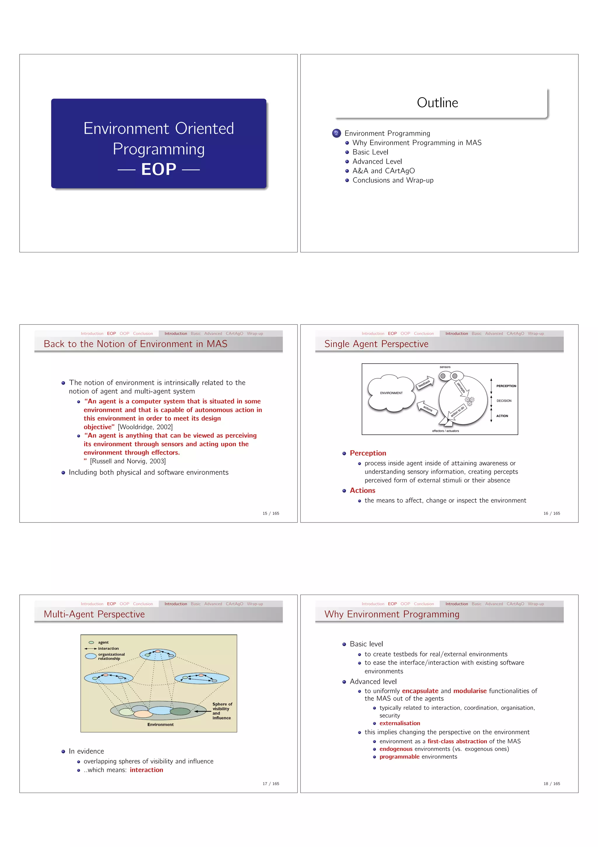 Outline
         Environment Oriented                                                                    2   Environment Programming
                                                                                                       Why Environment Programming in MAS
             Programming                                                                               Basic Level
                                                                                                       Advanced Level
              — EOP —                                                                                  A&A and CArtAgO
                                                                                                       Conclusions and Wrap-up




        Introduction EOP OOP Conclusion   Introduction Basic Advanced CArtAgO Wrap-up                    Introduction EOP OOP Conclusion               Introduction Basic Advanced CArtAgO Wrap-up

Back to the Notion of Environment in MAS                                                       Single Agent Perspective

                                                                                                                                                  sensors




     The notion of environment is intrinsically related to the                                                                      db
                                                                                                                                      ack




                                                                                                                                                                   pe
                                                                                                                                 fee                                          PERCEPTION




                                                                                                                                                                   rce
     notion of agent and multi-agent system




                                                                                                                                                                        pts
                                                                                                                ENVIRONMENT


         “An agent is a computer system that is situated in some                                                                                                              DECISION
                                                                                                                                   acti
                                                                                                                                                                        do
         environment and that is capable of autonomous action in                                                                       ons
                                                                                                                                                              tion
                                                                                                                                                                   to
                                                                                                                                                            ac                ACTION
         this environment in order to meet its design
         objective” [Wooldridge, 2002]                                                                                                       effectors / actuators
         “An agent is anything that can be viewed as perceiving
         its environment through sensors and acting upon the
         environment through e↵ectors.                                                                Perception
         ” [Russell and Norvig, 2003]                                                                     process inside agent inside of attaining awareness or
     Including both physical and software environments                                                    understanding sensory information, creating percepts
                                                                                                          perceived form of external stimuli or their absence
                                                                                                      Actions
                                                                                                          the means to a↵ect, change or inspect the environment
                                                                                    15 / 165                                                                                                     16 / 165




        Introduction EOP OOP Conclusion   Introduction Basic Advanced CArtAgO Wrap-up                    Introduction EOP OOP Conclusion               Introduction Basic Advanced CArtAgO Wrap-up

Multi-Agent Perspective                                                                        Why Environment Programming

                                                                                                      Basic level
                                                                                                          to create testbeds for real/external environments
                                                                                                          to ease the interface/interaction with existing software
                                                                                                          environments
                                                                                                      Advanced level
                                                                                                          to uniformly encapsulate and modularise functionalities of
                                                                                                          the MAS out of the agents
                                                                                                                typically related to interaction, coordination, organisation,
                                                                                                                security
                                                                                                                externalisation
                                                                                                          this implies changing the perspective on the environment
                                                                                                                environment as a ﬁrst-class abstraction of the MAS
     In evidence                                                                                                endogenous environments (vs. exogenous ones)
                                                                                                                programmable environments
         overlapping spheres of visibility and inﬂuence
         ..which means: interaction
                                                                                    17 / 165                                                                                                     18 / 165
 