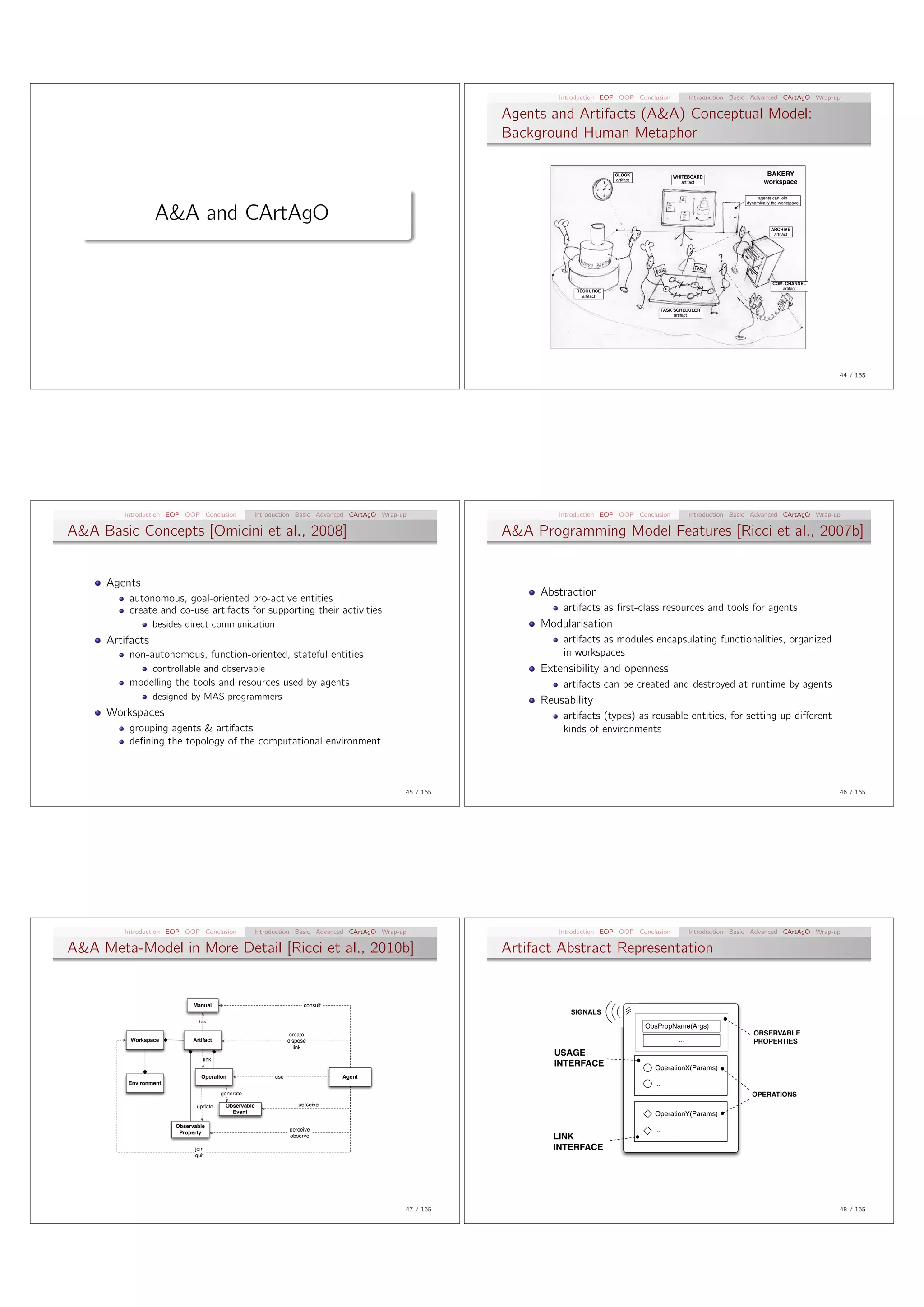 Introduction EOP OOP Conclusion                 Introduction Basic Advanced CArtAgO Wrap-up

                                                                                                        Agents and Artifacts (A&A) Conceptual Model:
                                                                                                        Background Human Metaphor

                                                                                                                                 CLOCK
                                                                                                                                                        WHITEBOARD
                                                                                                                                                                                         BAKERY
                                                                                                                                 artifact
                                                                                                                                                           artifact                     workspace

                                                                                                                                                                                     agents can join
                                                                                                                                                                                dynamically the workspace


                 A&A and CArtAgO
                                                                                                                                                                                           ARCHIVE
                                                                                                                                                                                            artifact




                                                                                                                                                                                            COM. CHANNEL
                                                                                                                                                                                               artifact
                                                                                                                    RESOURCE
                                                                                                                      artifact


                                                                                                                                                    TASK SCHEDULER
                                                                                                                                                         artifact




                                                                                                                                                                                                            44 / 165




        Introduction EOP OOP Conclusion            Introduction Basic Advanced CArtAgO Wrap-up                  Introduction EOP OOP Conclusion                 Introduction Basic Advanced CArtAgO Wrap-up

A&A Basic Concepts [Omicini et al., 2008]                                                               A&A Programming Model Features [Ricci et al., 2007b]


     Agents
                                                                                                             Abstraction
         autonomous, goal-oriented pro-active entities
         create and co-use artifacts for supporting their activities                                             artifacts as ﬁrst-class resources and tools for agents
                 besides direct communication                                                                Modularisation
     Artifacts                                                                                                   artifacts as modules encapsulating functionalities, organized
         non-autonomous, function-oriented, stateful entities                                                    in workspaces
                 controllable and observable                                                                 Extensibility and openness
         modelling the tools and resources used by agents                                                        artifacts can be created and destroyed at runtime by agents
                 designed by MAS programmers                                                                 Reusability
     Workspaces                                                                                                  artifacts (types) as reusable entities, for setting up di↵erent
         grouping agents & artifacts                                                                             kinds of environments
         deﬁning the topology of the computational environment



                                                                                             45 / 165                                                                                                       46 / 165




        Introduction EOP OOP Conclusion            Introduction Basic Advanced CArtAgO Wrap-up                  Introduction EOP OOP Conclusion                 Introduction Basic Advanced CArtAgO Wrap-up

A&A Meta-Model in More Detail [Ricci et al., 2010b]                                                     Artifact Abstract Representation


                             Manual                                 consult
                                                                                                                   SIGNALS
                               has
                                                                                                                                            ObsPropName(Args)
                                                               create                                                                                                              OBSERVABLE
          Workspace          Artifact                         dispose                                                                                     ...                      PROPERTIES
                                                                link
                                                                                                               USAGE
                                 link
                                                                                                               INTERFACE                      OperationX(Params)
                                Operation               use                   Agent
         Environment                                                                                                                          ...
                                        generate                                                                                                                                  OPERATIONS
                              update     Observable               perceive
                                           Event                                                                                              OperationY(Params)
                       Observable
                                                              perceive                                                                        ...
                        Property
                                                              observe                                          LINK
                             join                                                                              INTERFACE
                             quit




                                                                                             47 / 165                                                                                                       48 / 165
 